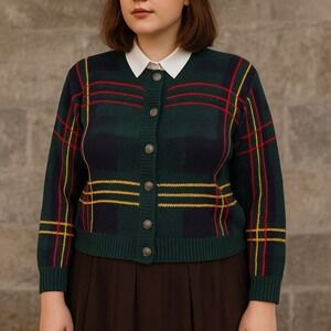 Vintage 90s BEST Plaid Cardigan Sweater Green Red Yellow Ramie Cotton‎ Preppy L